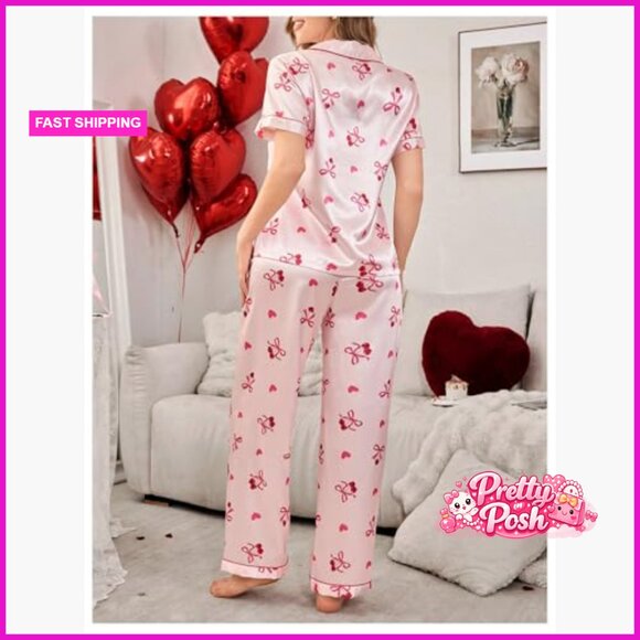 Women's Satin Pajama Set Button Down Short Sleeve Pants Sleepwear - Picture 2 of 6